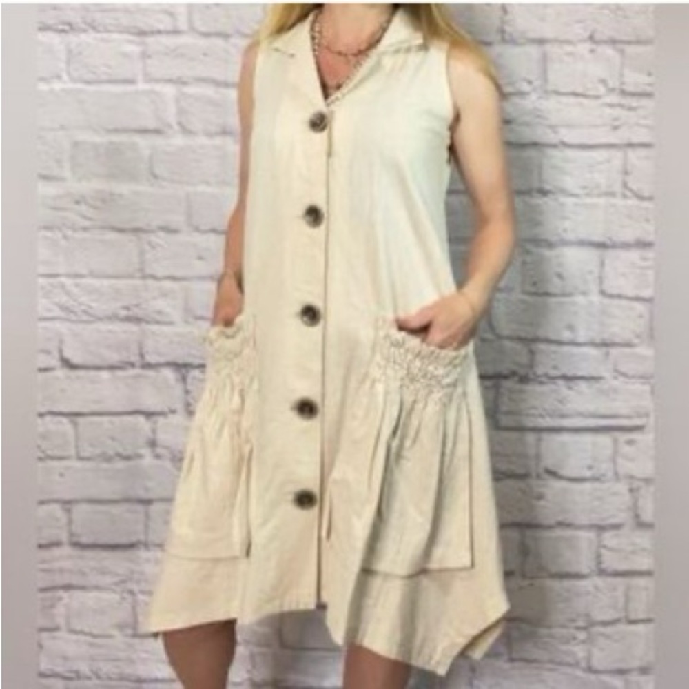 For Cynthia Cream Sleeveless Linen Blend Midi Dress